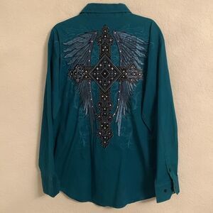 Teal Button Down Shirt with Embroidered Design